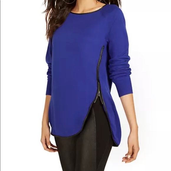 New York & Company Sweaters - New York & Co. NWT Blue Faux-Leather Trim Zip-Side Sweater- Large